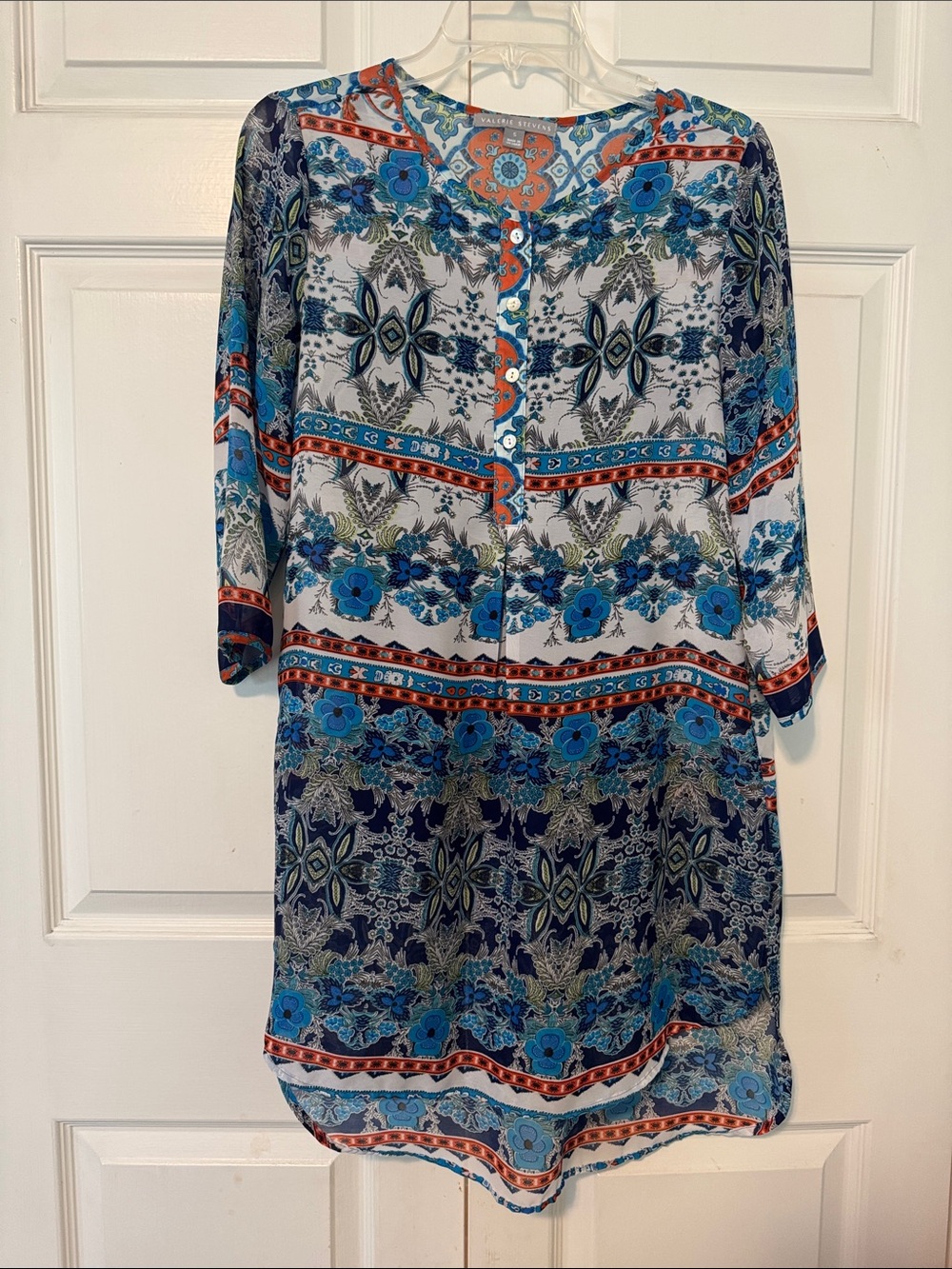 Valerie Stevens Printed Button-Front Tunic Top - Blue Multi S